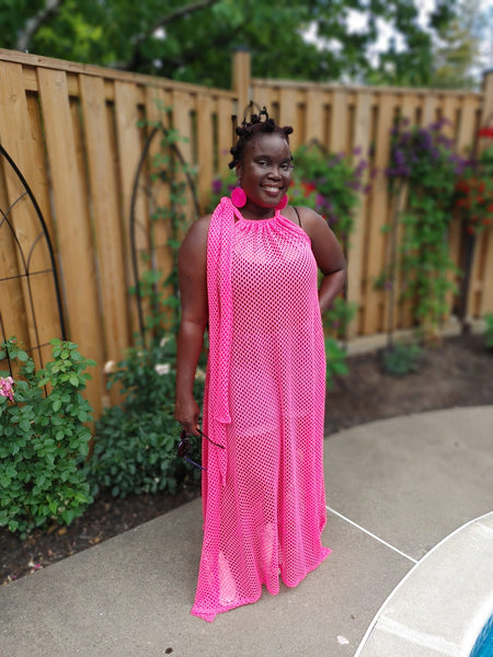 Pink Fishnet Mesh Maxi Dress