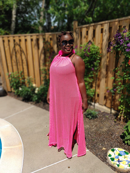 Pink Fishnet Mesh Maxi Dress