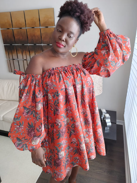 Floral Strapless Drama Sleeve Dress