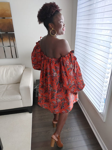 Floral Strapless Drama Sleeve Dress