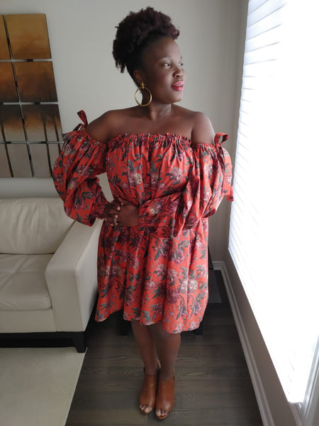 Floral Strapless Drama Sleeve Dress