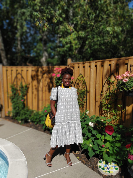 Black & White Abstract Print Drop-Waisted Midi Dress