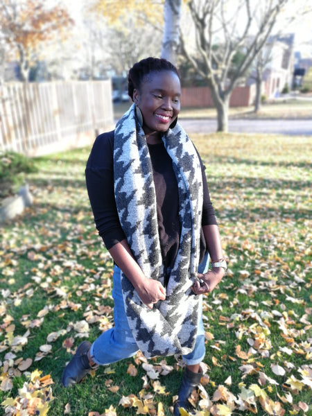 Grey Houndstooth Wool/Poly Infinity Scarf