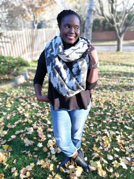 Grey Houndstooth Wool/Poly Infinity Scarf