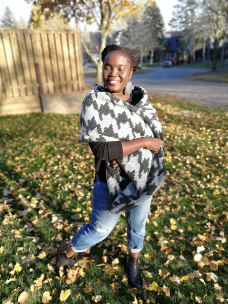 Grey Houndstooth Wool/Poly Infinity Scarf