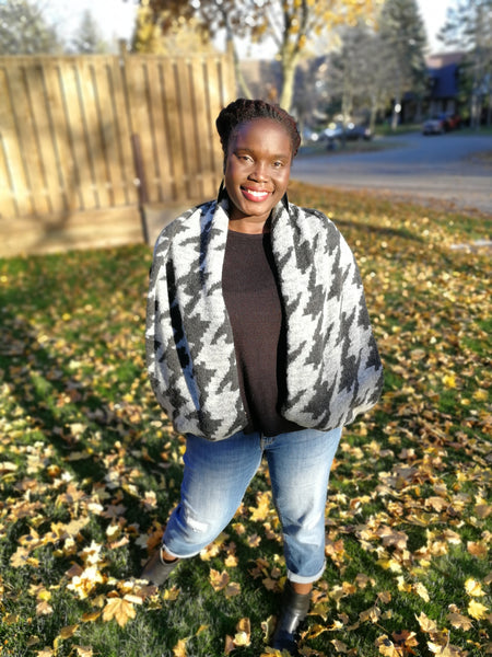 Grey Houndstooth Wool/Poly Infinity Scarf