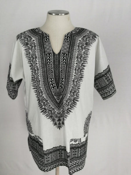 Short Sleeve Cotton Dashiki Style Shirt - Black & White