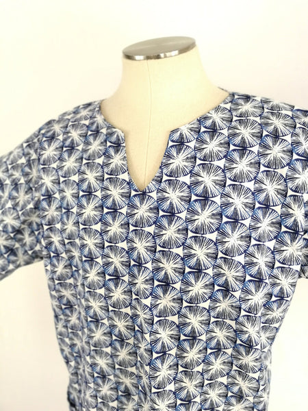 Short Sleeve Cotton Dashiki Style Shirt - Blue & White