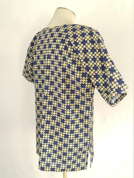 Short Sleeve Cotton Dashiki Style Shirt - Navy & Cream