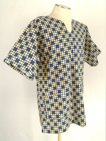 Short Sleeve Cotton Dashiki Style Shirt - Navy & Cream