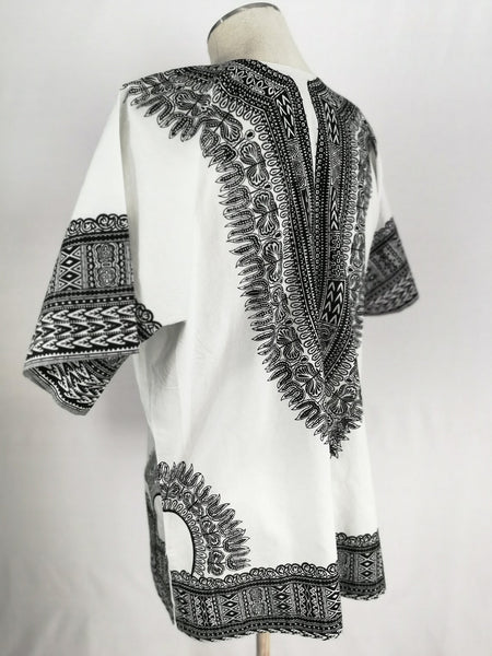 Short Sleeve Cotton Dashiki Style Shirt - Black & White