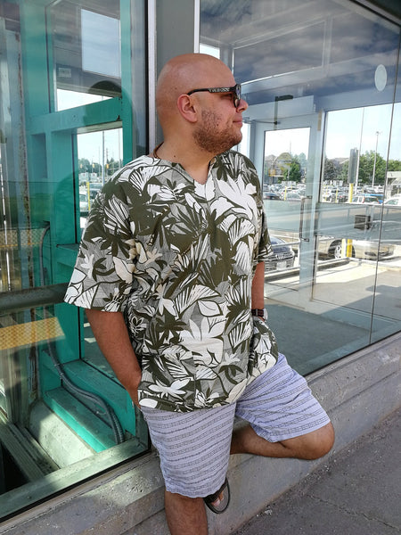 Short Sleeve Cotton Dashiki Style Shirt - Blue & White