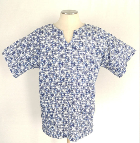 Short Sleeve Cotton Dashiki Style Shirt - Blue & White