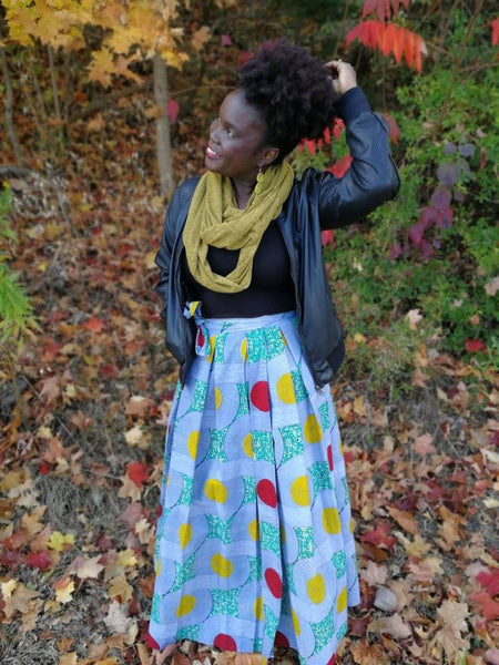 Wax Print Box Pleated Long Wrap Skirt