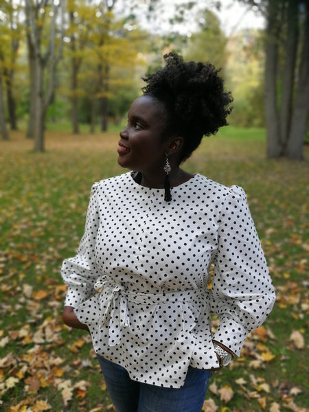 Black & White Polkadot Cotton Blouse with Belt