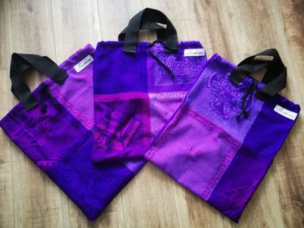 Purple Drawstring Mayan Print Bags with Handles