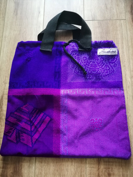 Purple Drawstring Mayan Print Bags with Handles