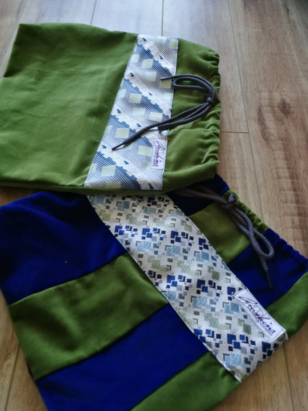 Upcycled Necktie/Blue and Green Velvet Drawstring Bags