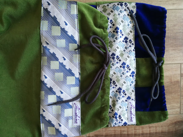 Upcycled Necktie/Blue and Green Velvet Drawstring Bags