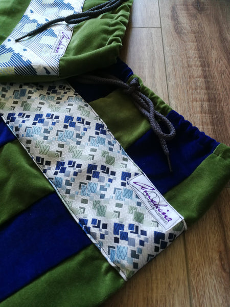 Upcycled Necktie/Blue and Green Velvet Drawstring Bags