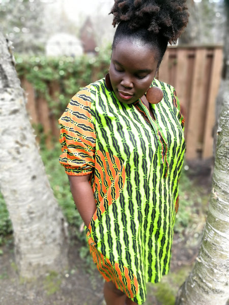Green & Orange Print Shift Dress