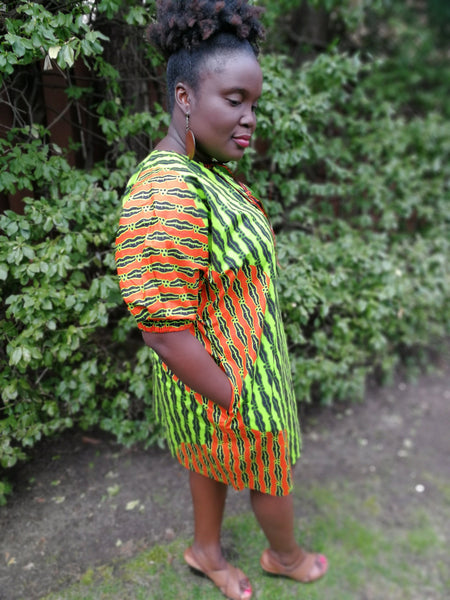 Green & Orange Print Shift Dress