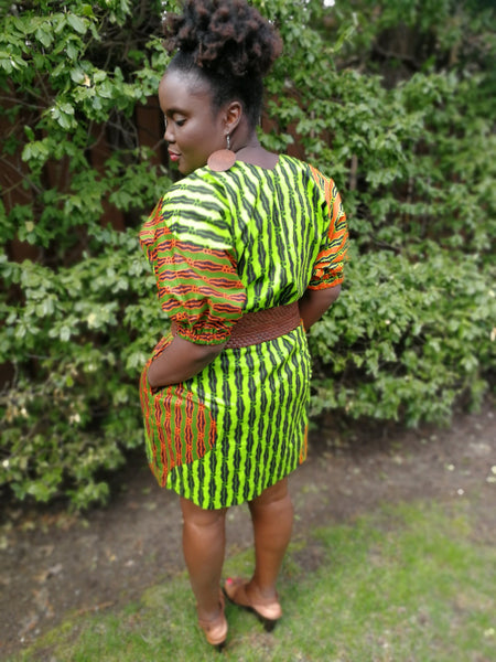 Green & Orange Print Shift Dress