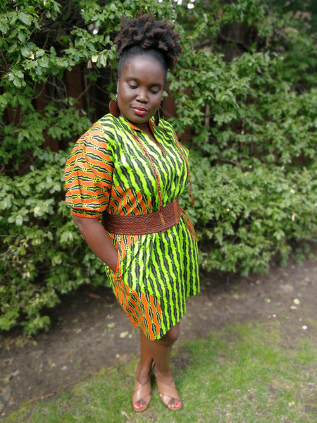 Green & Orange Print Shift Dress