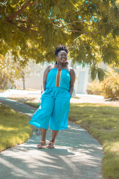 Blue Strapless Culottes Jumpsuit