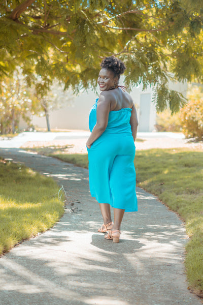 Blue Strapless Culottes Jumpsuit