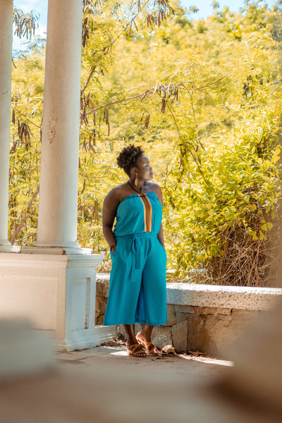 Blue Strapless Culottes Jumpsuit