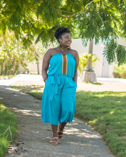 Blue Strapless Culottes Jumpsuit