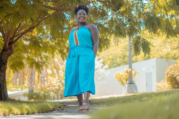 Blue Strapless Culottes Jumpsuit