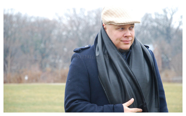 Unisex Black Faux Leather & Fleece Scarf