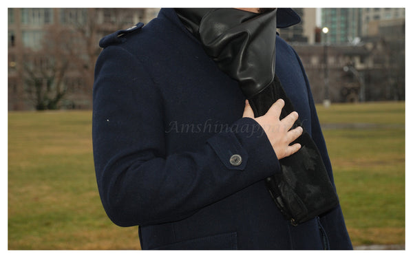 Unisex Black Faux Leather & Fleece Scarf