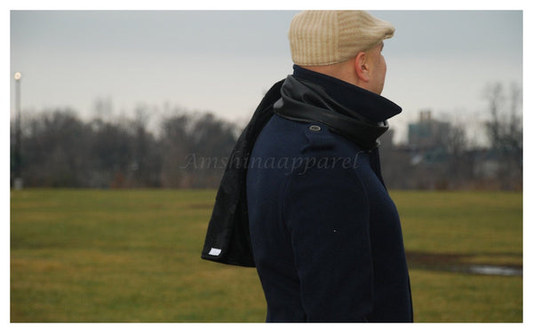 Unisex Black Faux Leather & Fleece Scarf