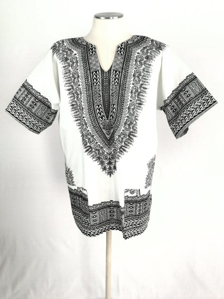 Short Sleeve Cotton Dashiki Style Shirt - Black & White