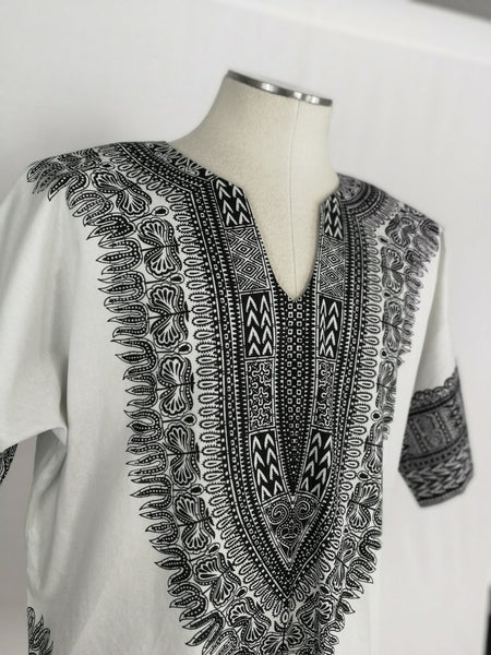 Short Sleeve Cotton Dashiki Style Shirt - Black & White