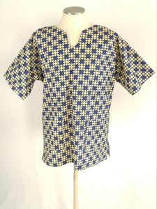 Short Sleeve Cotton Dashiki Style Shirt - Navy & Cream