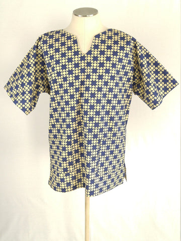 Short Sleeve Cotton Dashiki Style Shirt - Navy & Cream