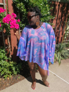 Purple Patterned Poncho Style Beach Cover Up